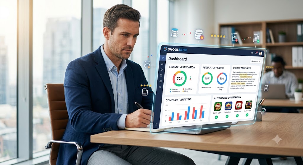A man at a desk views a digital dashboard named SHOULD EYE with data on licenses, filings, and complaints.
