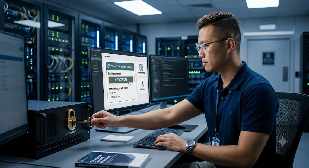 An IT specialist in a server room manages a secure ChatGPT API key rotation, restricting usage by IP address on his console.