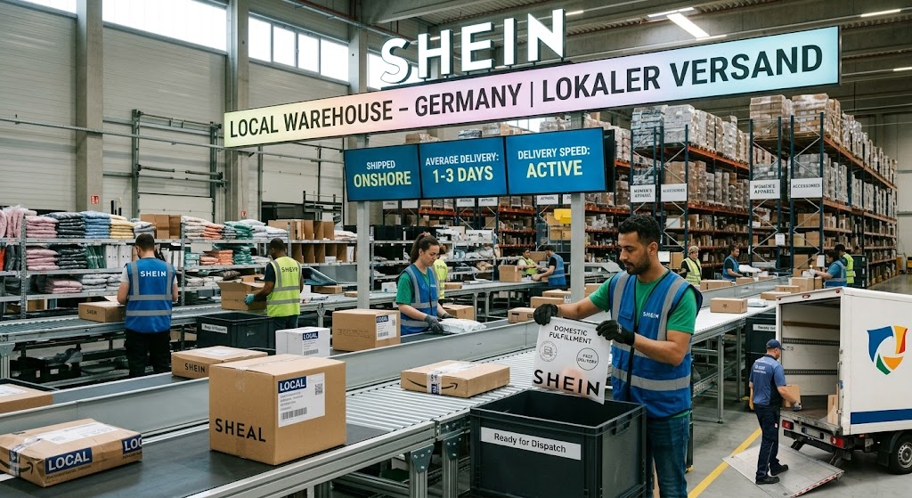 Shein warehouse workers sort local delivery boxes on a conveyor belt under a Local Warehouse Germany sign.