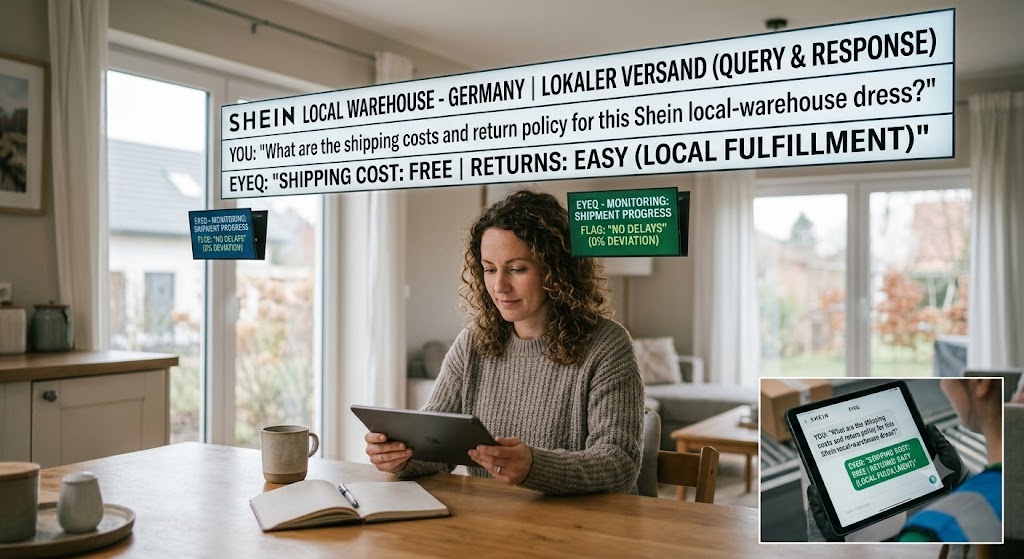 Woman at table using a tablet with floating text screens explaining Shein local warehouse query, response, and monitoring.