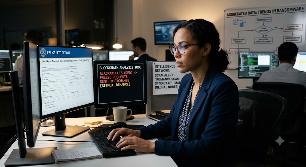 A female analyst works at a dual-monitor desk in a security office, reviewing a blockchain analysis tool and FBI report.
