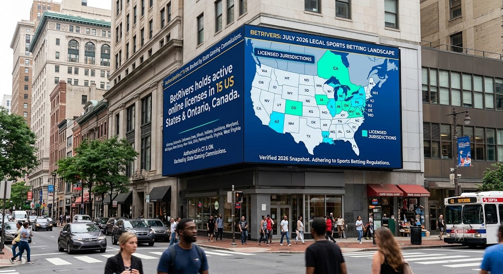 City billboard displaying a US map with highlighted states showing where BetRivers holds legal betting licenses.