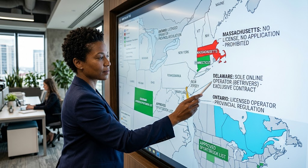 A woman pointing at an office digital map screen detailing sports betting compliance for Delaware and Massachusetts.