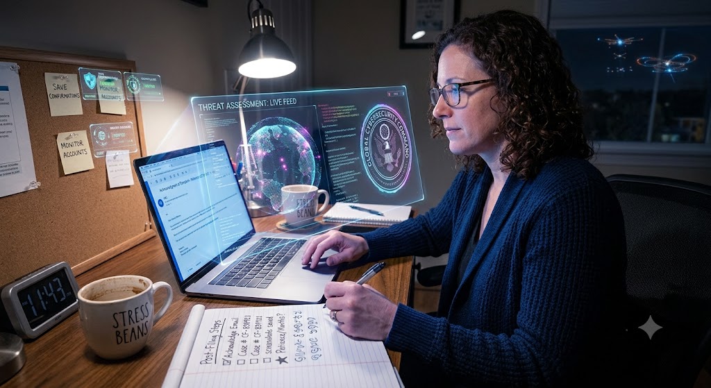 A woman in glasses works at a desk with holograms, a laptop, a coffee mug, and a note board at night.