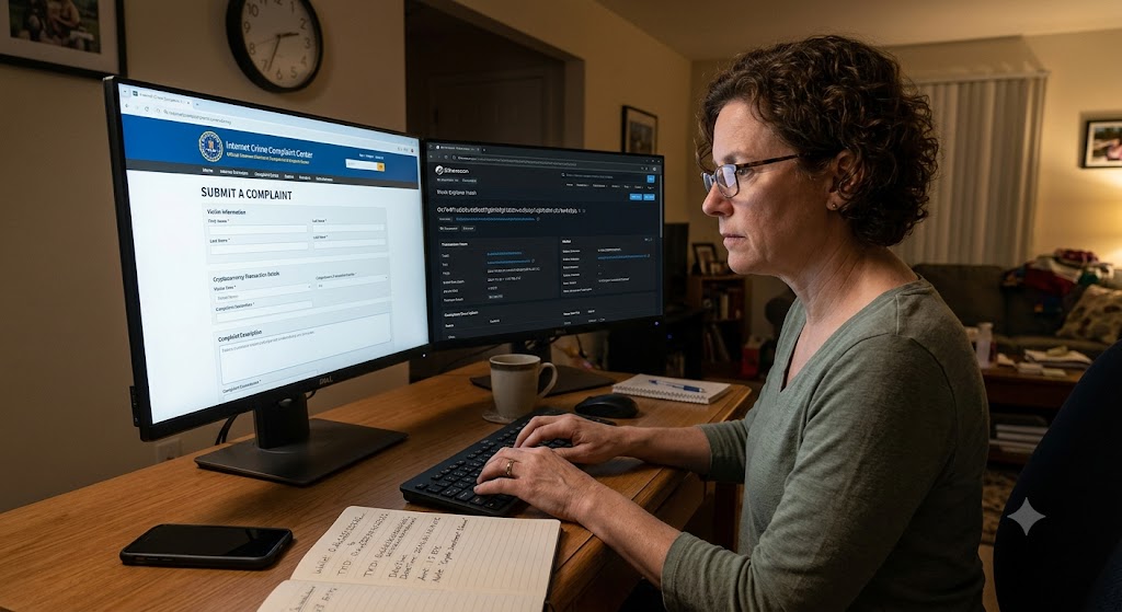 A woman works at a two-monitor desk, with an FBI cyber complaint form visible.