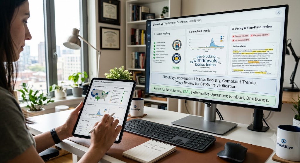 Woman at desk using tablet and desktop monitor showing ShouldEye's BetRivers verification and compliance dashboard.