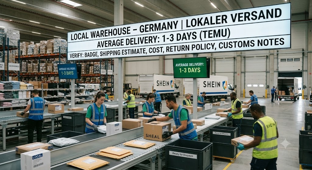 Warehouse workers process packages with signage for SHEIN local warehouse delivery and verification checks.