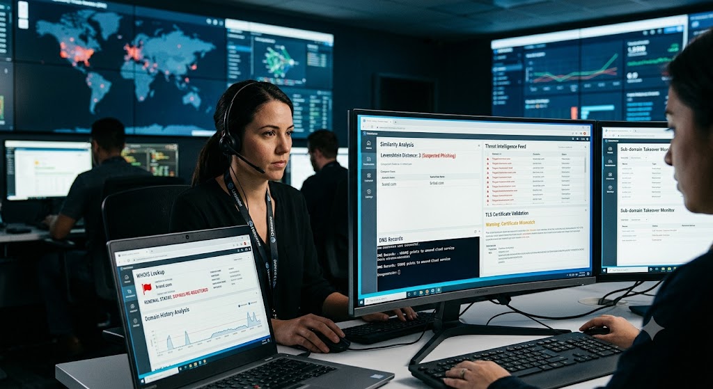 Cybersecurity analysts in a monitoring center check domain verification metrics, WHOIS lookups, and DNS records on screens.