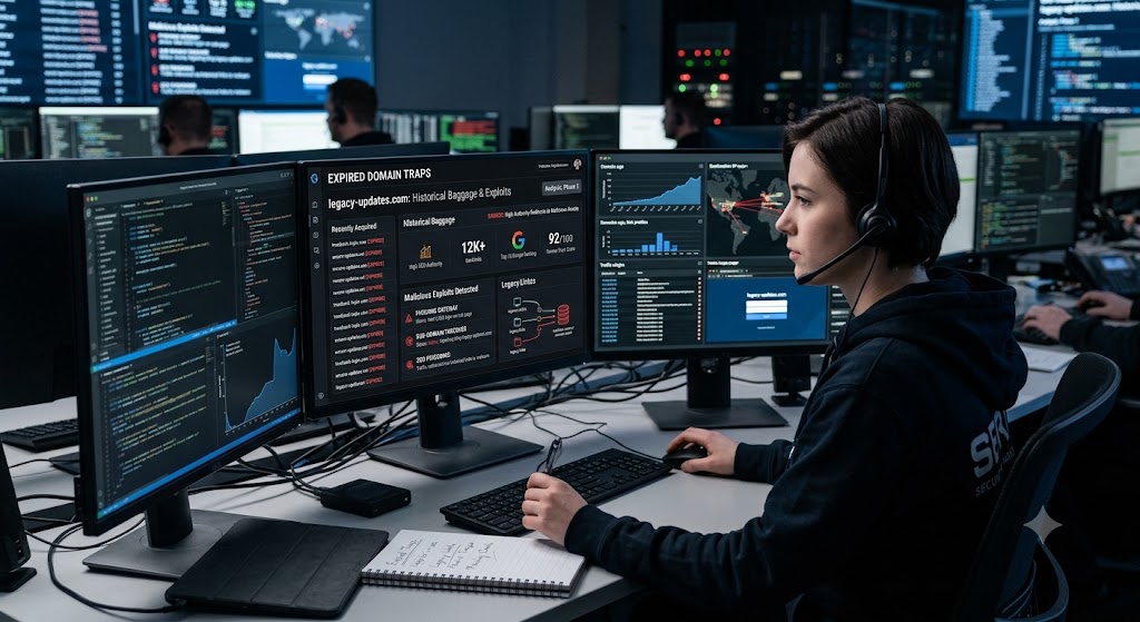 Cybersecurity analyst monitors "Expired Domain Traps" on screens showing historical domain baggage, DNS exploits, and SEO metrics.