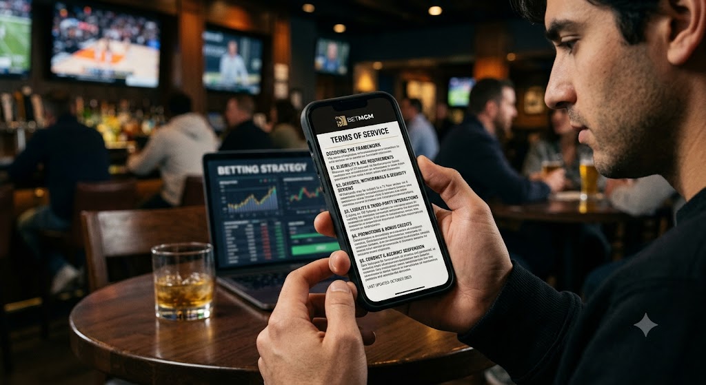 A man in a sports bar reads the BetMGM Terms of Service on his phone, next to a laptop displaying betting strategies.