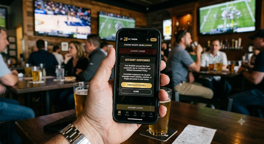 A hand holds a phone showing a BetMGM account suspended notice for violating the athlete harassment policy in a sports bar.