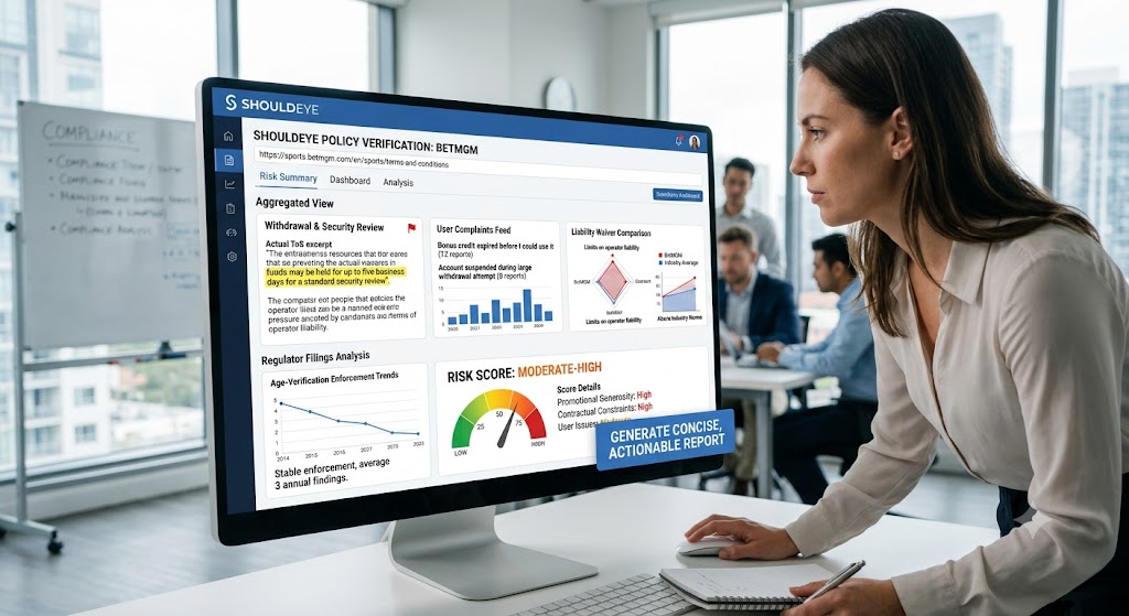 Woman reviews a ShouldEye dashboard analyzing BetMGM terms of service with risk scores and compliance charts.