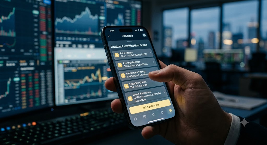 A hand holds a phone showing a "Contract Verification Guide" checklist with financial data charts blurred in the background.