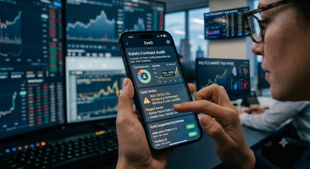 A trader uses the EyeQ app on a phone to analyze a Kalshi contract audit with financial stock charts in the background.