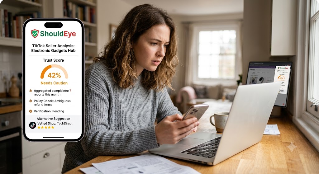 Woman uses laptop and phone, with a ShouldEye app mockup showing a low seller trust score overlay on the screen.
