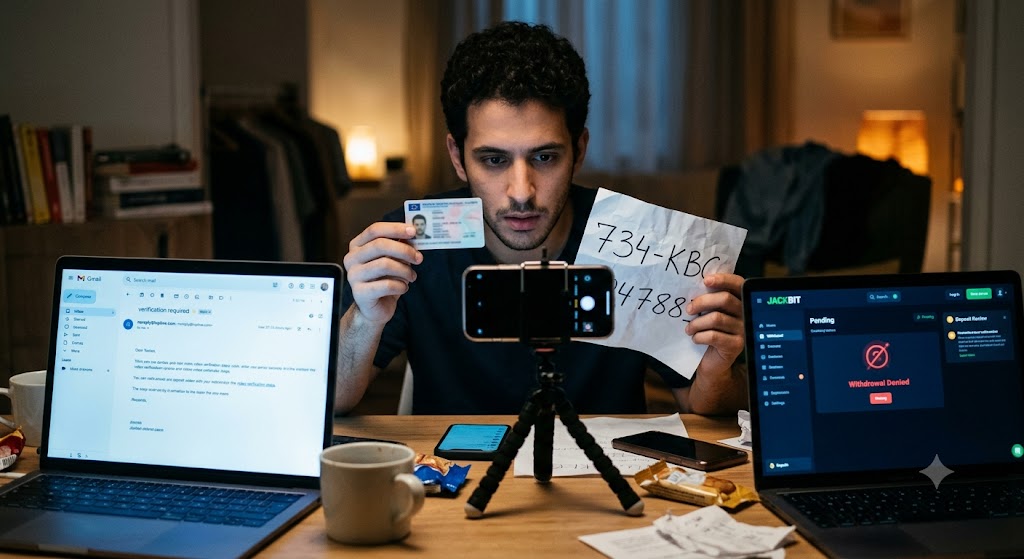 Man recording video holding ID and code card, with laptop screens showing an unbranded email and a withdrawal denial.