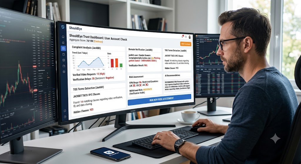 A man analyzes a detailed ShouldEye dashboard with risk alerts for a JackBit account on multiple monitors.