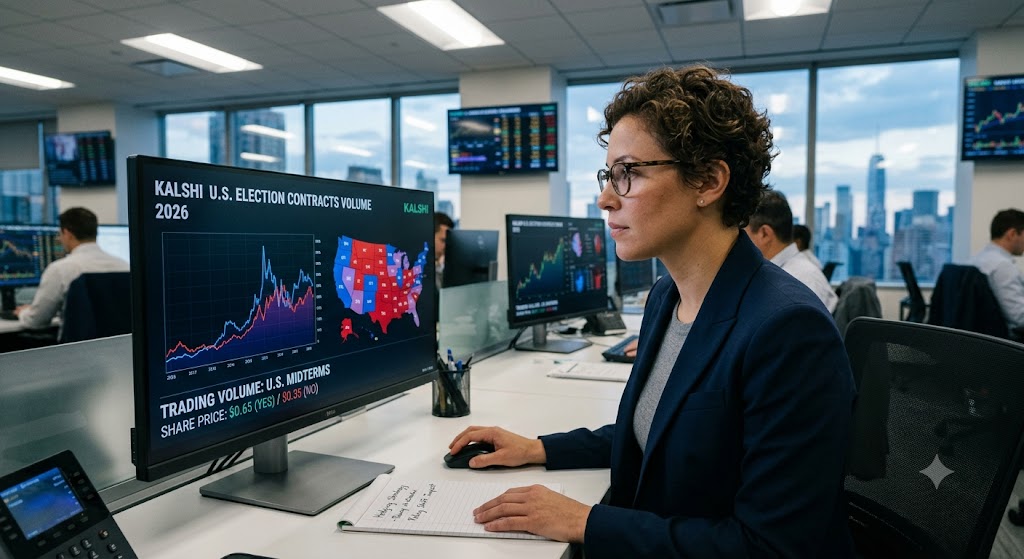 A trader in an office looks at a monitor displaying "Kalshi U.S. Election Contracts Volume 2026" graphs and a US map.