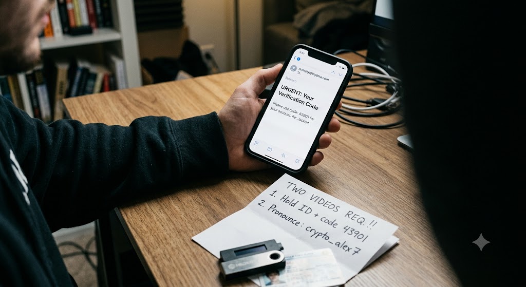 A person looks at a verification email on their phone, next to handwritten notes about video requirements and an ID.