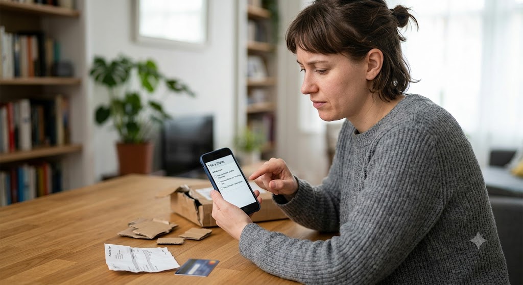 Woman uses phone to file claim next to torn package, receipt, and credit card on a wooden table in her home.
