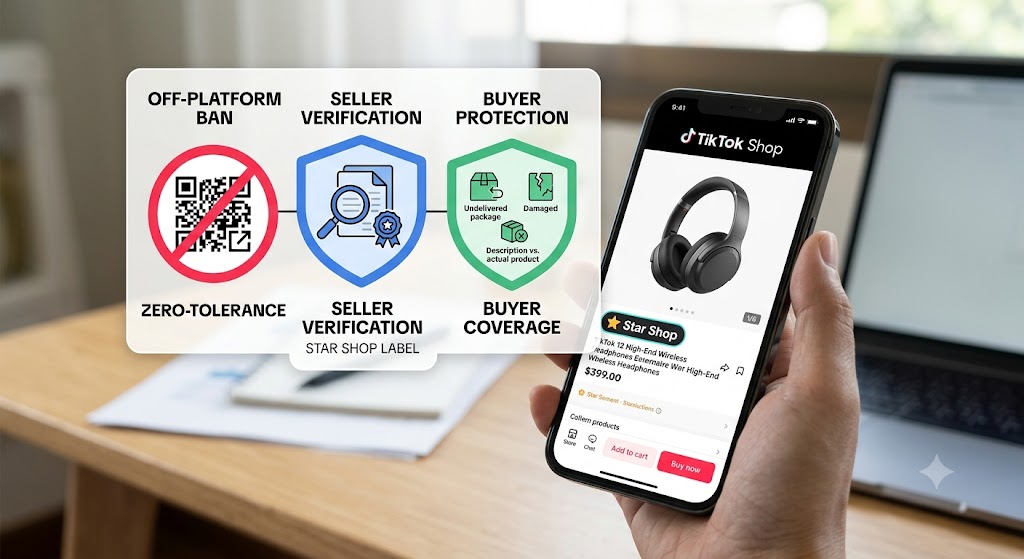 A smartphone displays a TikTok Shop listing alongside graphics for off-platform bans, verification, and buyer coverage.