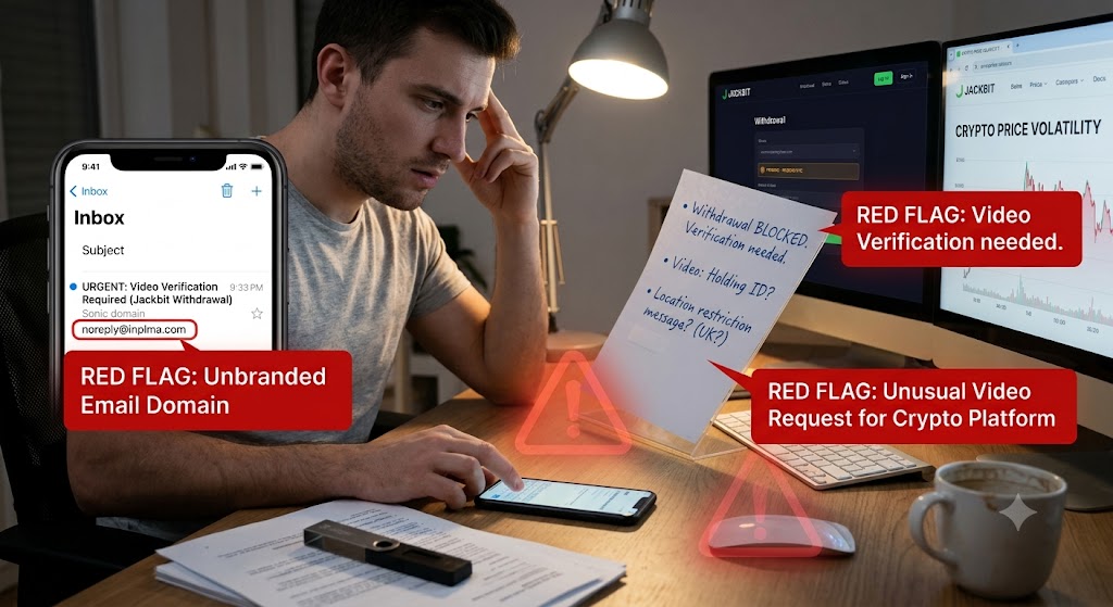 A man looks worried at a desk with a phone and computers, with red flag warnings about unusual crypto verification.