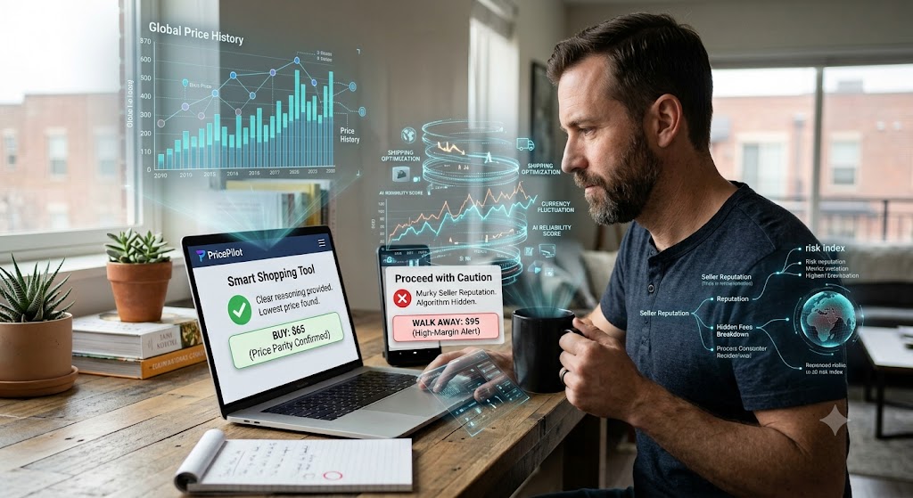 A man reviews "PricePilot" data on a laptop, surrounded by futuristic holograms of price history and risk analysis.