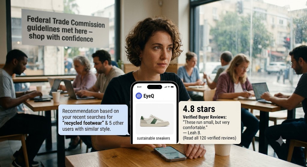 A woman in a cafe uses an AI shopping assistant that shows a sneaker recommendation and verified buyer reviews.