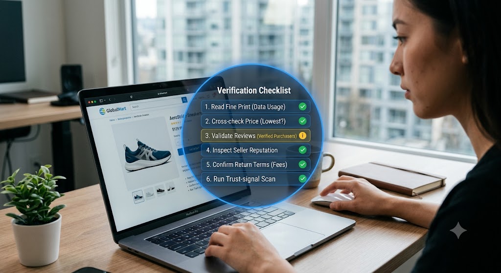 A woman views an online store on a laptop screen while an interactive digital verification checklist overlays the image.