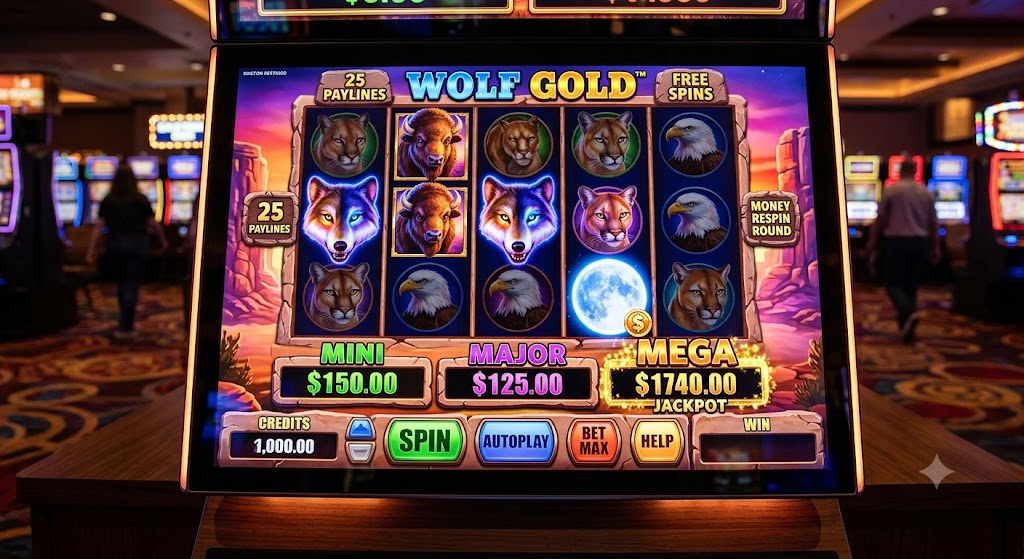 A digital slot machine screen playing Wolf Gold, displaying glowing wolves, wild animals, moon symbols, and jackpots.