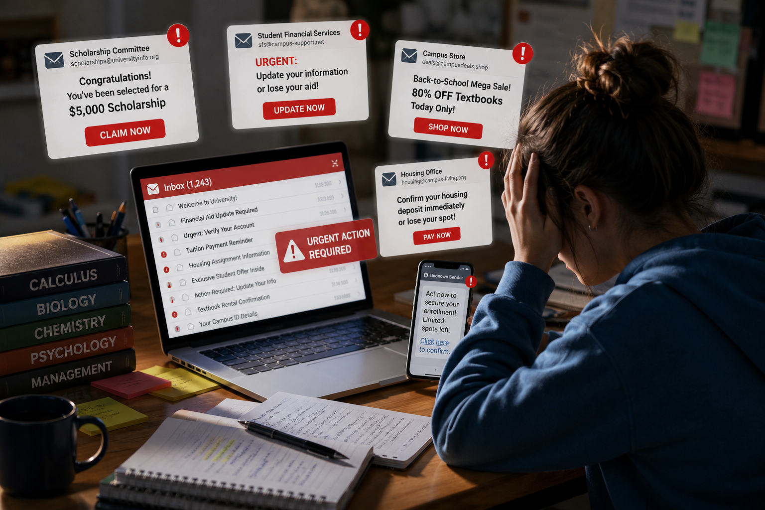 Student overwhelmed by back-to-school scam emails and urgent payment alerts on laptop and phone amid books and study materials.