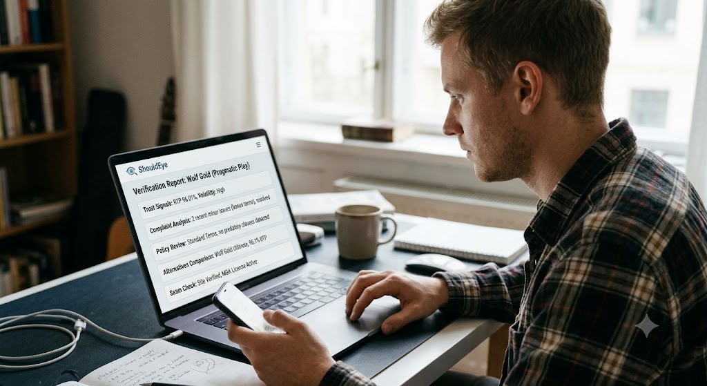 A man at a desk reviews a ShouldEye verification report for the Wolf Gold slot game on his open laptop screen.