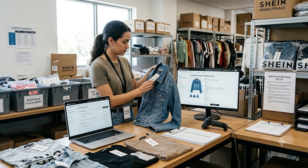 A woman inspects a denim jacket in a clothing warehouse, with 'SHEIN' branded boxes and compliance signs visible.