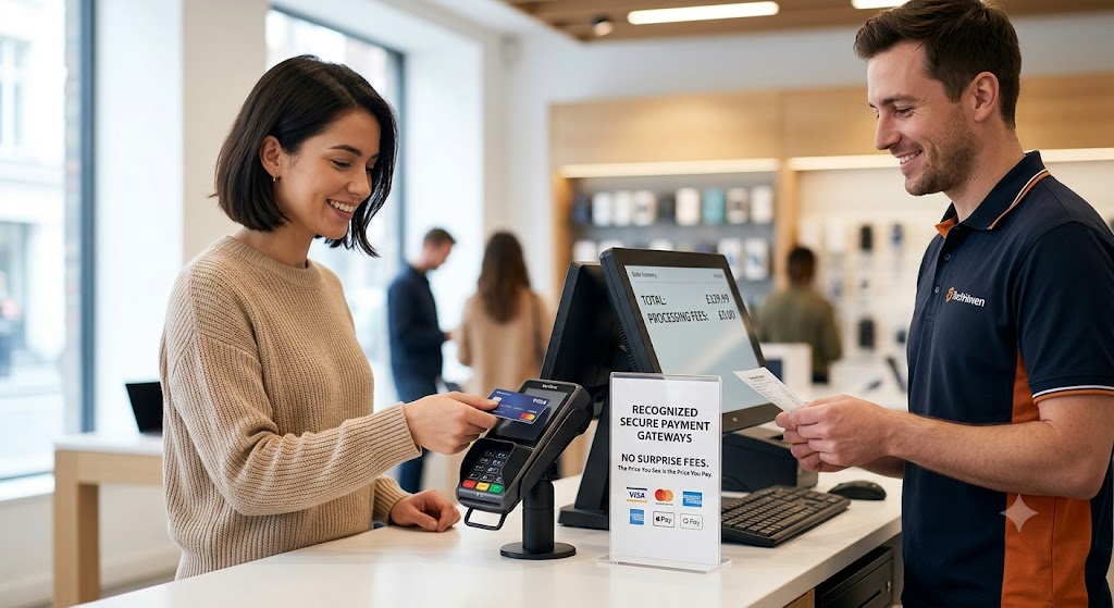 Woman taps credit card at checkout with a sign displaying recognized payment gateways and no surprise fees text.