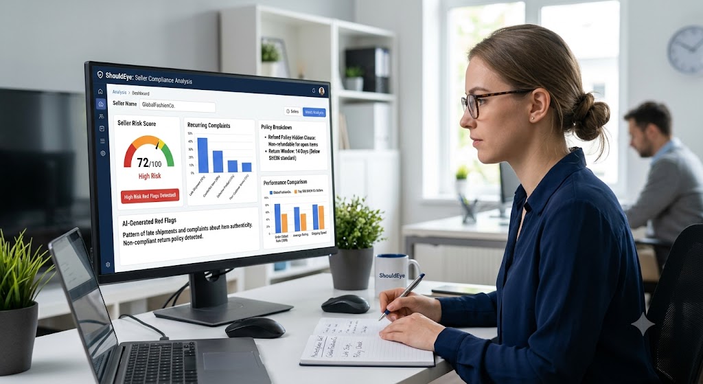 A woman in glasses uses a computer dashboard with seller analytics, risk scores, and data to analyze business compliance.
