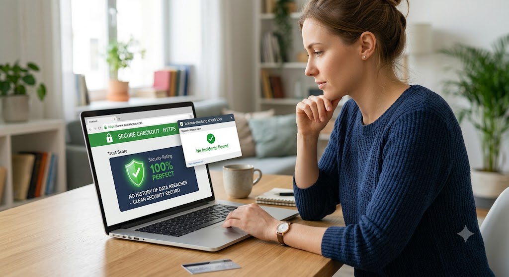 A woman looks at a laptop displaying a secure checkout page with a green padlock and a 100% perfect security rating.