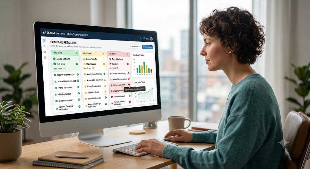 Woman views ShouldEye dashboard on desktop screen, comparing retailer trust scores, red flags, and security metrics.