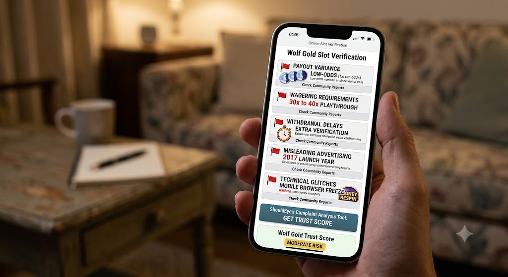 Hand holding phone with Wolf Gold verification page listing red flags, risk level, and a link to ShouldEye's analysis tool.