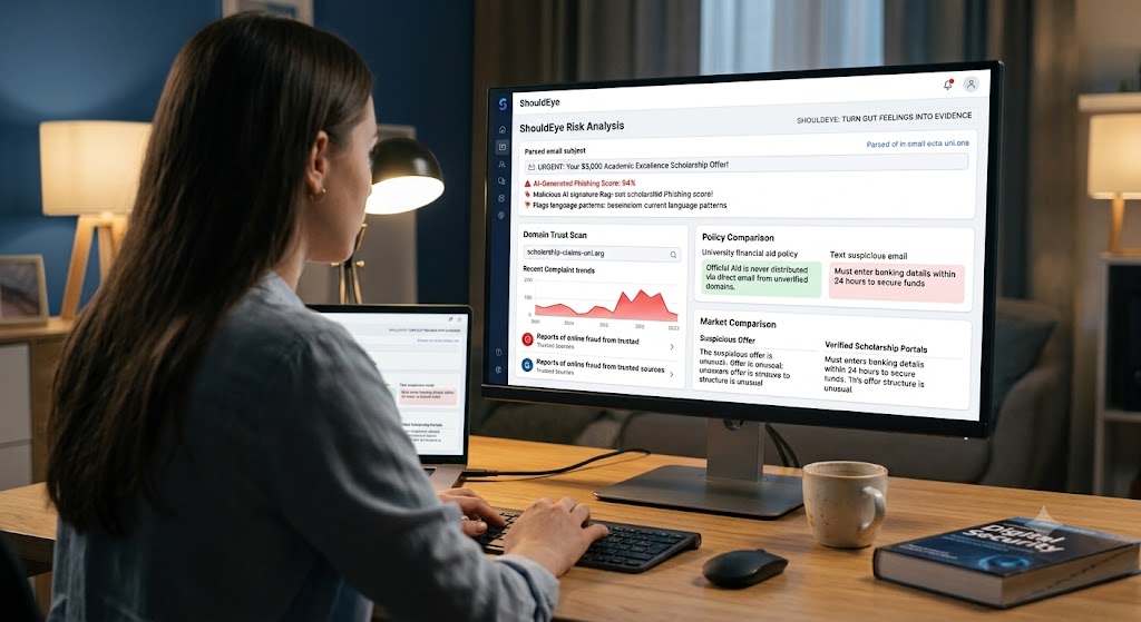 A woman works at a computer desk at night, viewing an online "ShouldEye Risk Analysis" dashboard for a scholarship offer.