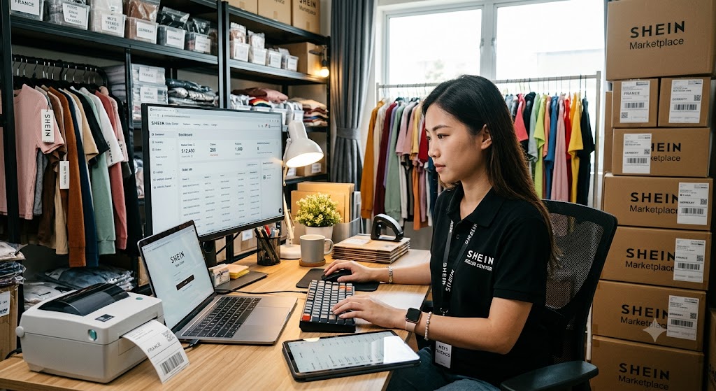 An e-commerce seller works at a computer managing SHEIN Marketplace inventory, surrounded by clothing racks and boxes.