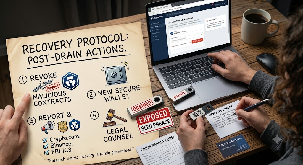 A desk view shows a crypto recovery protocol with steps to revoke malicious contracts, move funds, and report the fraud.