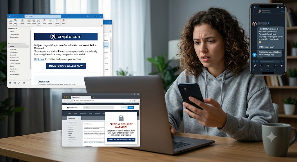 A worried woman at her desk looks between her phone and laptop, receiving phishing messages across email, text, and pop-ups.