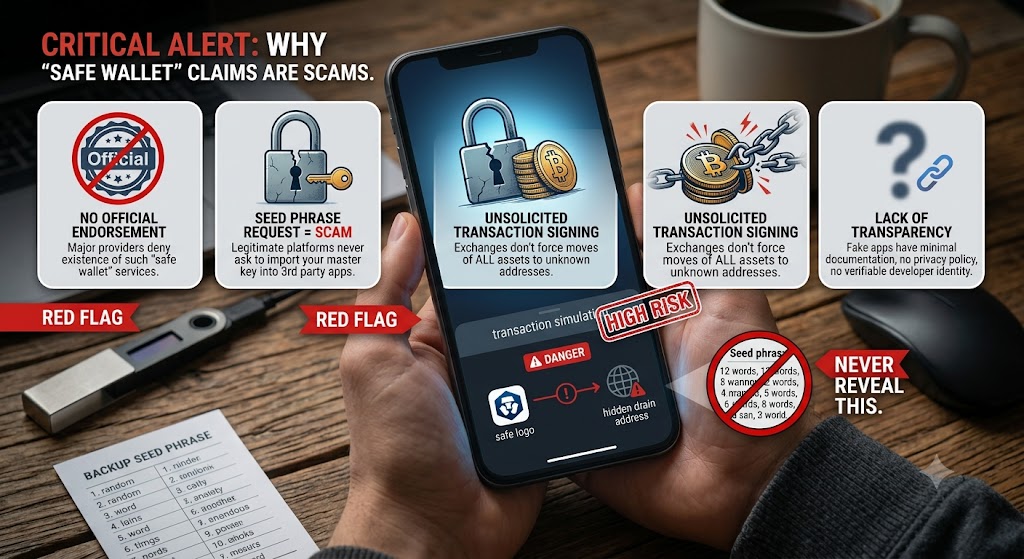 A smartphone screen displays four security red flags for crypto scams alongside a backup seed phrase card on a desk.