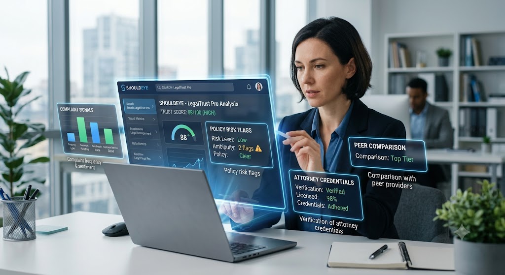 A professional works on a laptop as holographic ShouldEye dashboards display trust scores, complaint metrics, and policy risk flags.