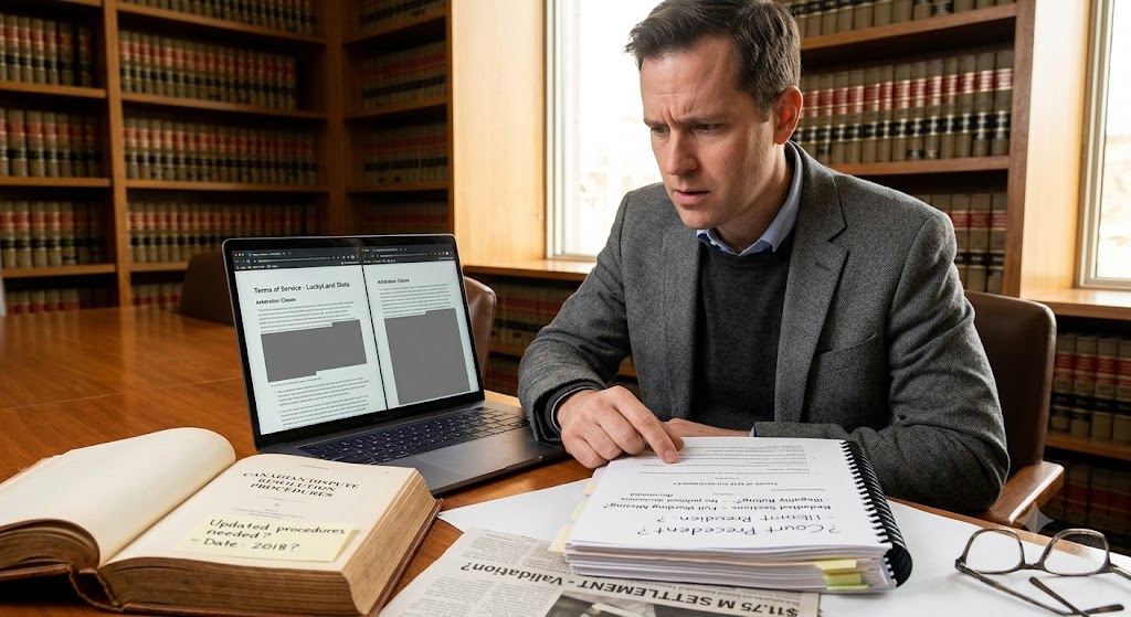 A focused legal professional in a law library examines documents and a laptop detailing sweepstakes arbitration clauses.