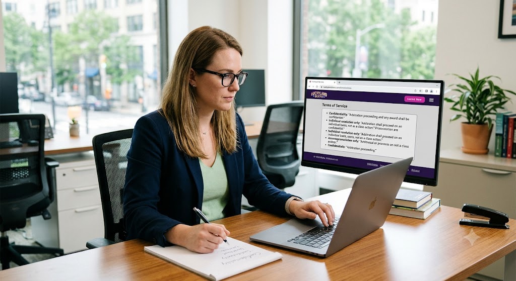 A woman in glasses at her desk works on a laptop, taking notes as a monitor displays LuckyLand Slots' terms of service.