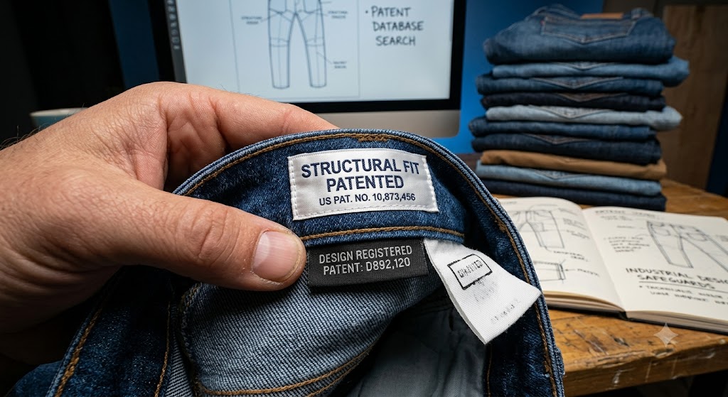 A hand holds a pair of jeans, revealing tags: "STRUCTURAL FIT PATENTED," "US PAT. NO. 10,873,456," and "DESIGN REGISTERED PATENT: D892,120." A stack of jeans, an open sketchbook, and a computer with patent information are in the background.
