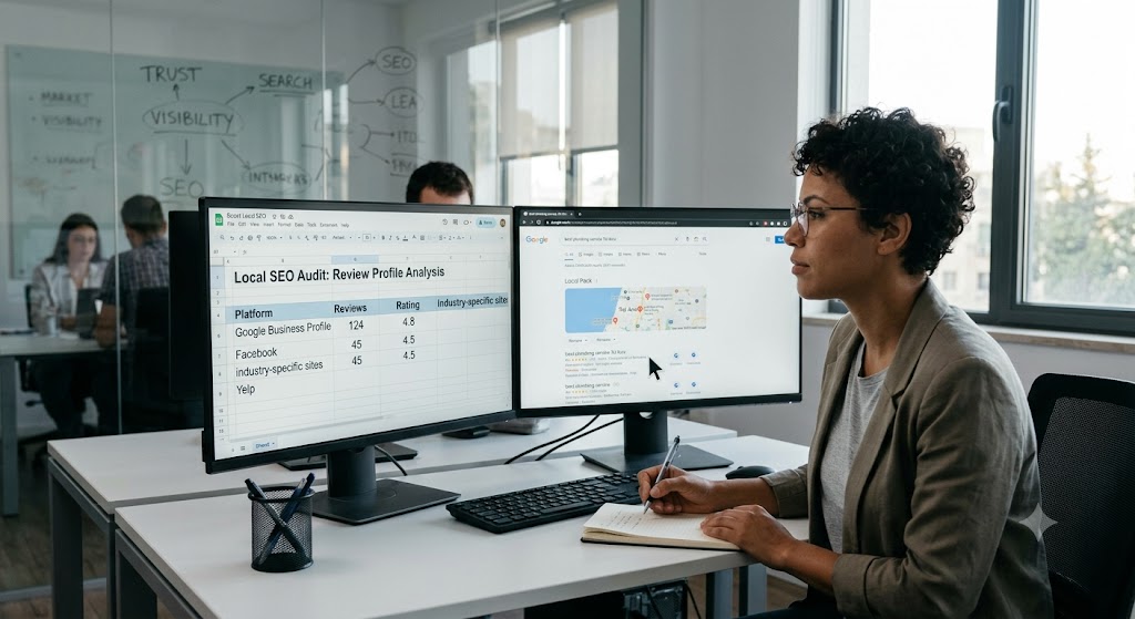 Professional woman at an office desk analyzing a local SEO audit spreadsheet and search results on dual monitors.