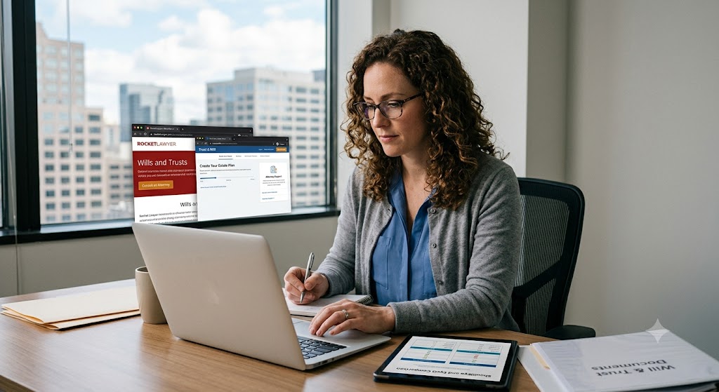 Professional working at laptop comparing online legal services Rocket Lawyer and Trust & Will, with documents on desk.