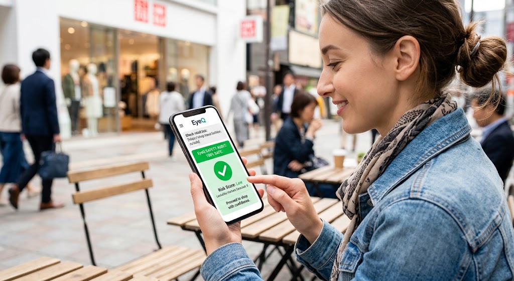 A woman in a city square smiles as her smartphone screen displays an EyeQ safety audit check for an online store.